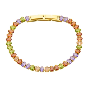 Bracelet en acier inoxydable plaqué or 18 carats avec zircons ovales multicolores