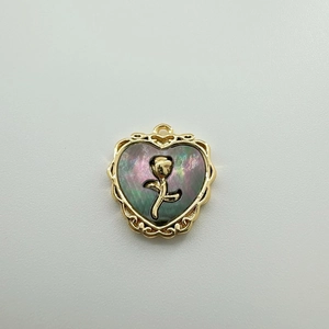 18K gold-plated heart pendant with black shell inlay and golden rose floral motif
