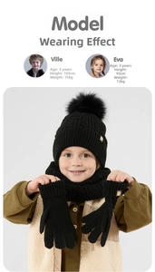 Winter knit set for kids featuring beanie with pompom, neck warmer and gloves on models