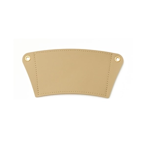 Detailed view of light brown PU leather coffee sleeve with stitching and metal eyelets