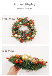 Detailed front and side view of a Christmas wreath with gold balls, pinecones and deer head