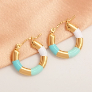 Gold-plated stainless steel bamboo hoop earrings with colorful enamel dripping design
