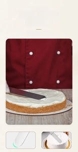 Macro detail of flexible stainless steel offset spatula smoothing cream on cake