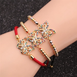Butterfly Charm Bracelet Copper Gold Plated With Colorful Zircon Micro Pave Handmade Braided Rope Adjustable For Women
