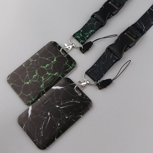 Green and black marble pattern neck lanyard with ID badge holder and metal clasp buckle