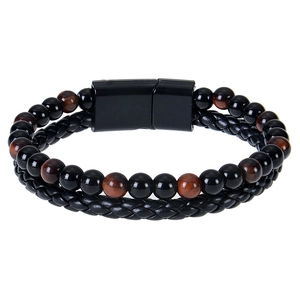 Detail of tiger eye and obsidian bead layers with black woven leather and magnetic clasp