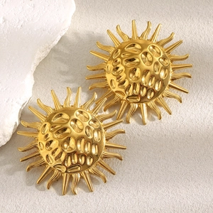 Sun Stud Earrings 18K Gold Plated Stainless Steel Hammered Texture Vintage Boho Chic Large Sunburst Fashion Jewelry Women