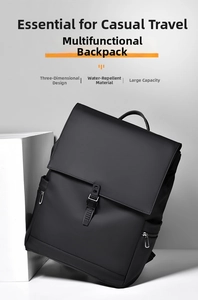 Water-resistant black laptop backpack with minimalist flap top and buckled strap closure