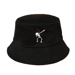 Classic black cotton bucket hat with white dabbing skeleton and red heart embroidery