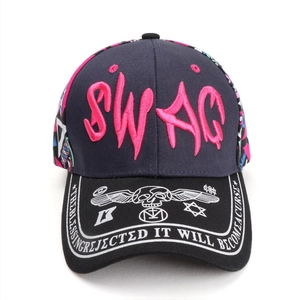 Close-up of Swag 3D pink embroidery and street art graphics on a black baseball cap