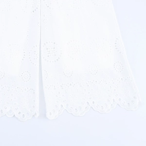 French style white lace trousers with hollow embroidery and wavy scalloped hem detail