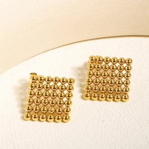 Geometric Square Bead Stud Earrings Gold Plated Stainless Steel Mini Sphere Grid Design Minimalist Jewelry For Women