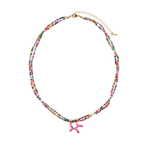 Collier de perles Y2K coloré avec pendentif chien ballon rose et double couche de perles