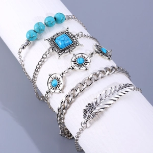 Five-piece Bohemian turquoise bracelet set featuring vintage silver finish and feather charms
