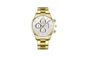 Detailed close-up of gold stainless steel men's watch with date and three sub-dials