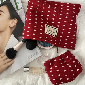 Red and white polka dot pleated chiffon makeup bag set with Pleasant Time label