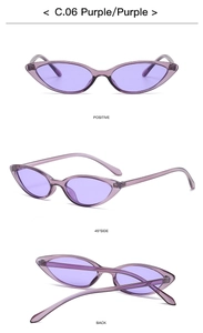 Detailed views of purple cat eye sunglasses in front, side, and back perspective