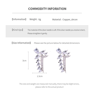 Detailed spec sheet showing zircon leaf earrings with 3cm height and silver needle material