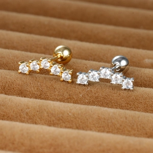 Curved stainless steel cartilage stud earrings with clear zircons in gold and silver