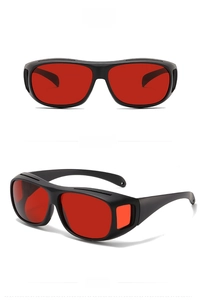 Front and 45-degree side views of black frame cycling sunglasses with red lenses