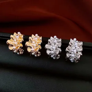 C Shaped Stud Earrings 14K Gold Plated Brass Wrinkled Design Imitation Artificial Pearls Zircon And Silver Earring Post For Women