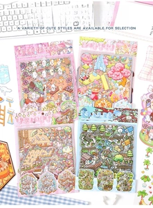 Macro shot of 4-pack 3D illustrative diorama stickers in diverse scenery themes