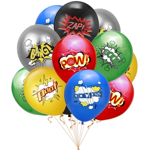 Colorful superhero party latex balloons with comic explosion patterns for kids birthdays