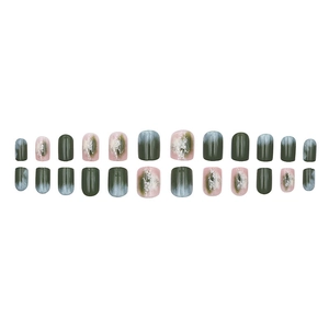Dark green and pink press-on nails with marble design and silver glitter flakes