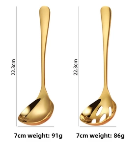 Detail view of gold 304 stainless steel soup and slotted spoons with dimensions 22.3cm