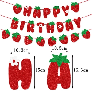 Glittery strawberry Happy Birthday banner with dimensions for party decoration