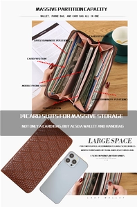 Brown woven texture long wallet featuring 14 card slots and massive storage partition