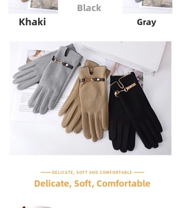 Detail view of winter gloves with elegant metal buckles in black, khaki, and gray colors