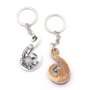 Detailed view of turtle and wave pattern resin pendants with durable metal keychains