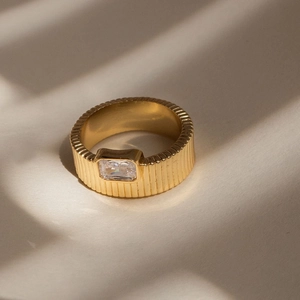 Vintage 18k gold plated textured ring with emerald-cut clear cubic zirconia gemstone