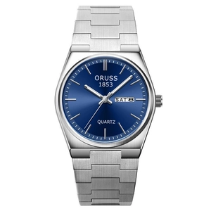 Slim waterproof men's silver quartz watch with a deep blue sunburst dial and date display
