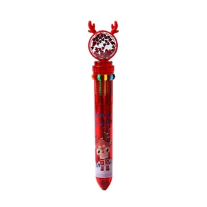 Stylo bille 10 couleurs de Noël avec boule à paillettes renne et corps rouge
