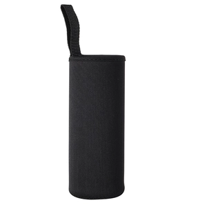 Protective black neoprene water bottle sleeve with carry handle on white background