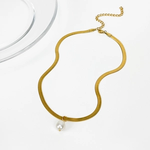Minimalist gold snake chain necklace featuring a teardrop freshwater pearl pendant