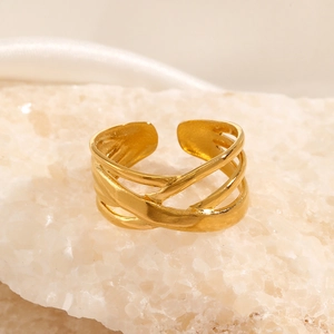 Stainless Steel Criss Cross Ring For Women Gold Plated Multi Layer Adjustable Geometric Minimalist Trendy Jewelry