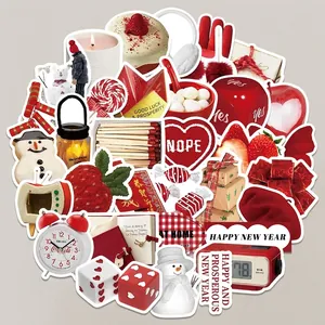 Macro detail of various red Chinese New Year stickers with festive patterns and art fonts
