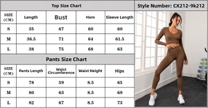 Detaillierte Größentabelle für nahtloses Yoga-Set mit Maßen für Oberteil und Leggings