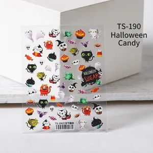 5D Halloween nail art stickers with ghosts, pumpkins and cat motifs on TS-190 sheet