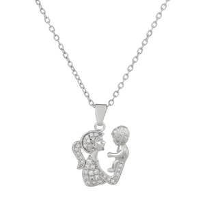 Silver mother and child necklace with pavé cubic zirconia pendant on white background