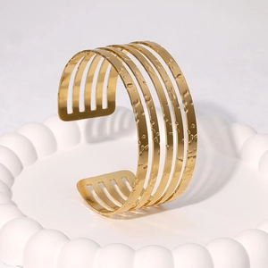Minimalist gold hammer textured five-row hollow open cuff bracelet for women in 18K finish