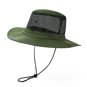 Army green quick-dry sun hat with breathable mesh and chin strap for fishing and hiking