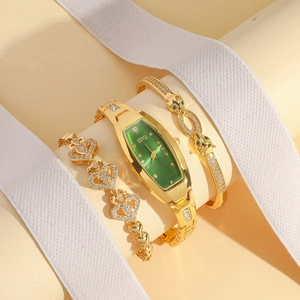 Montre À Quartz Pour Femmes Et Bracelet Tête De Léopard Et Bracelet Cœur Bijoux Ton Or Cadran Vert Strass Alliage Élégant Accessoire De Luxe