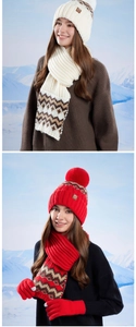Detailed knit texture of winter hat scarf and gloves set with warm fleece lining