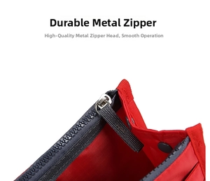 Detail of premium red fabric tote organizer featuring durable metal zipper and grey trim