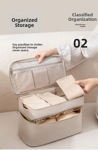 Close-up of beige portable travel organizer bag with double-layer mesh compartments