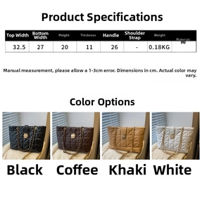 Size chart showing dimensions and colors of a large quilted PU leather tote bag